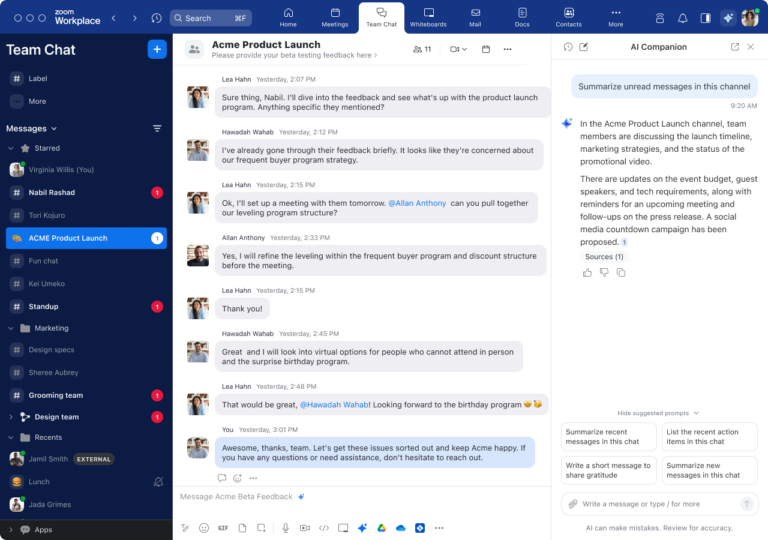 Zoom team chat window showing an active conversation, with the AI Companion side panel summarizing unread messages.