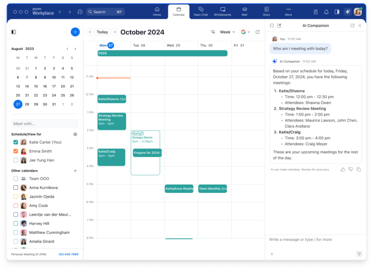 Zoom calendar view with AI Companion side panel showing a user’s daily meeting schedule.