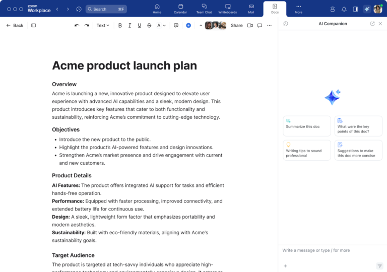 AI Companion in Zoom Docs helps refine, summarize, and enhance content directly within your documents.