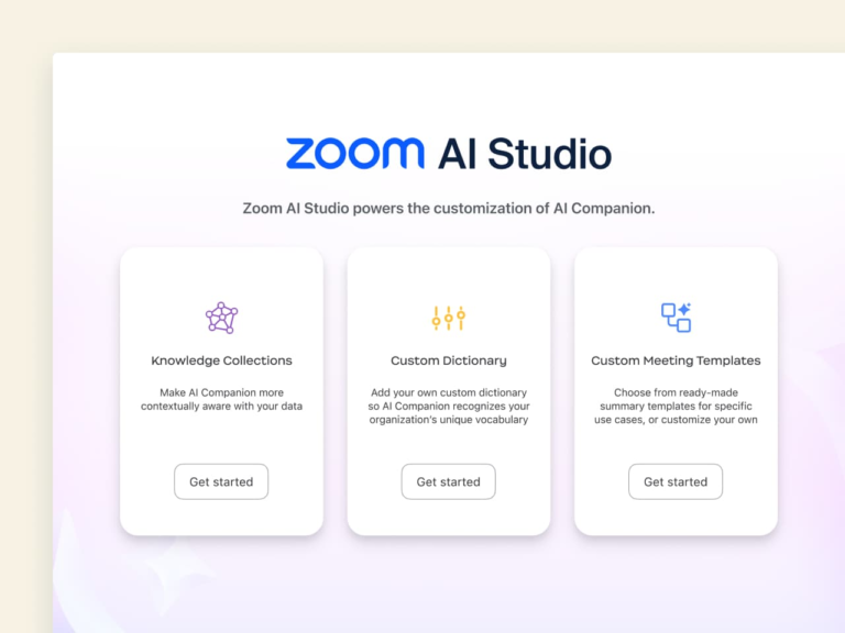 Zoom AI Studio interface displaying three customization options for AI Companion: Knowledge Collections, Custom Dictionary, and Custom Meeting Templates.