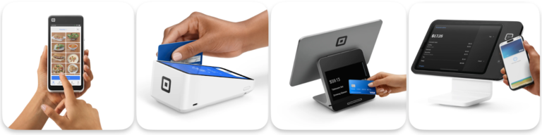 Square point-of-sale hardware with phone, card swipes, and contactless payments across devices