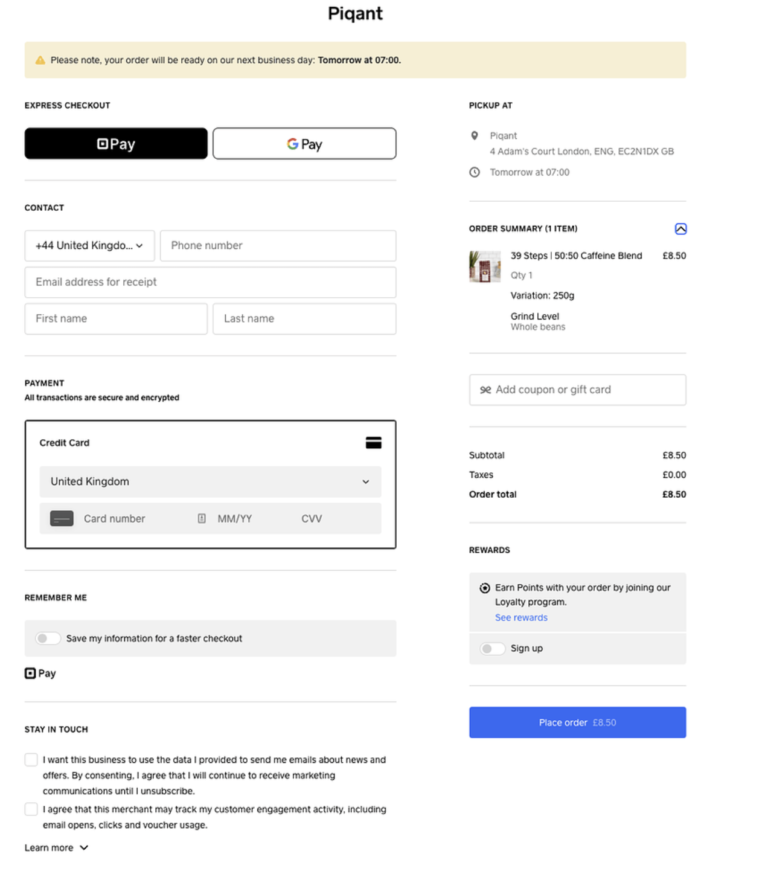Online checkout page for Piquant showing contact, payment, order summary, and pickup details for coffee purchase.
