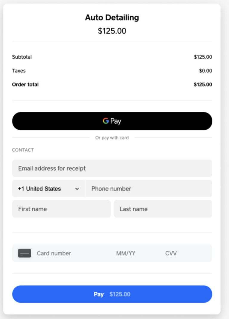 Auto detailing hosted checkout screen with Google Pay option and form for contact and credit card information.
