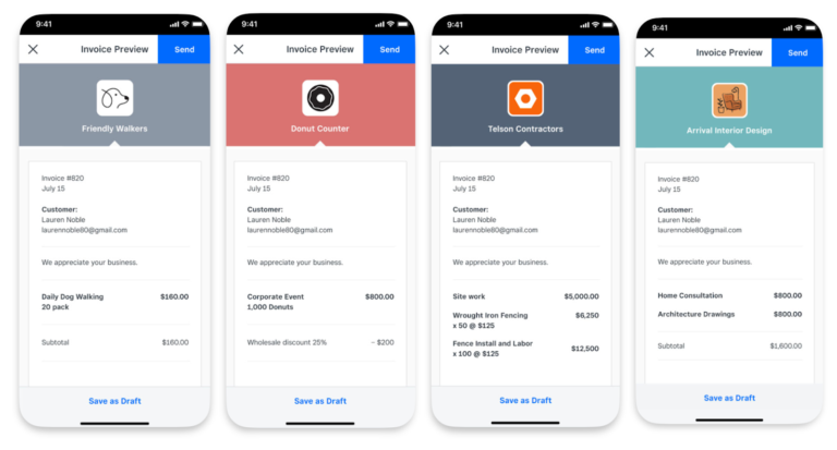 Mobile invoice previews for four businesses showing itemized charges and customer details.