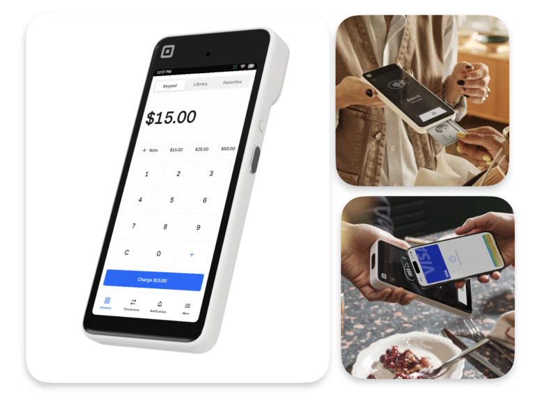 Square Handheld displaying sample transaction on screen and payment methods.