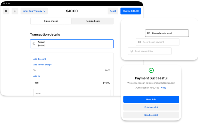 Transaction screen for $40 charge showing manual card entry and confirmation of successful payment with receipt options.