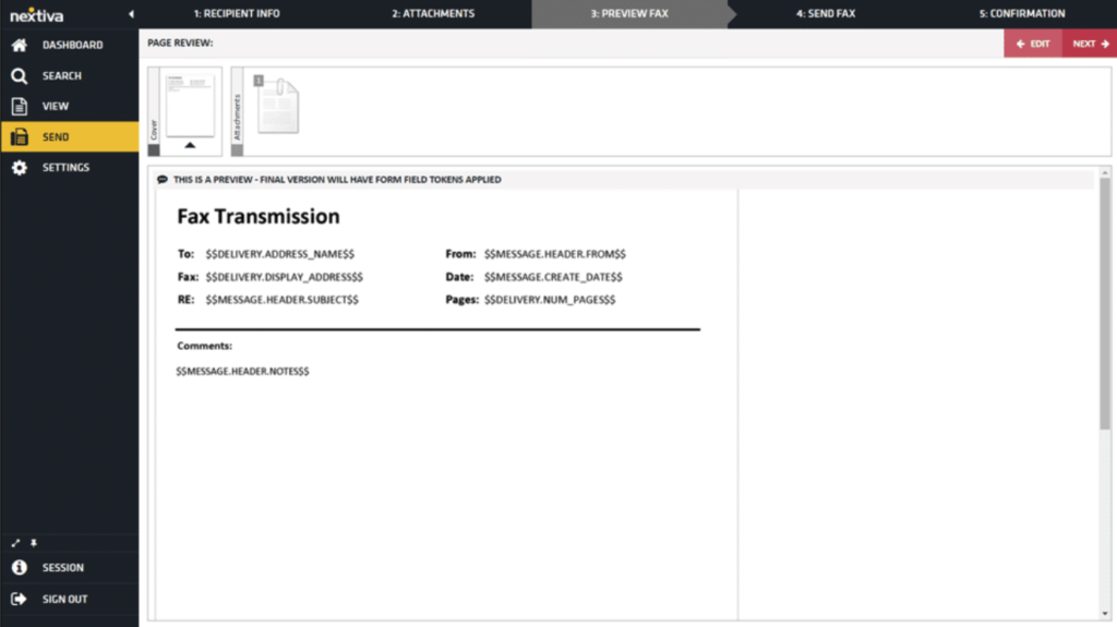 Nextiva online fax preview showing cover page and transmission details before sending.