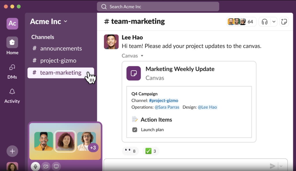 Slack's example communication channels for sales and marketing collaboration.