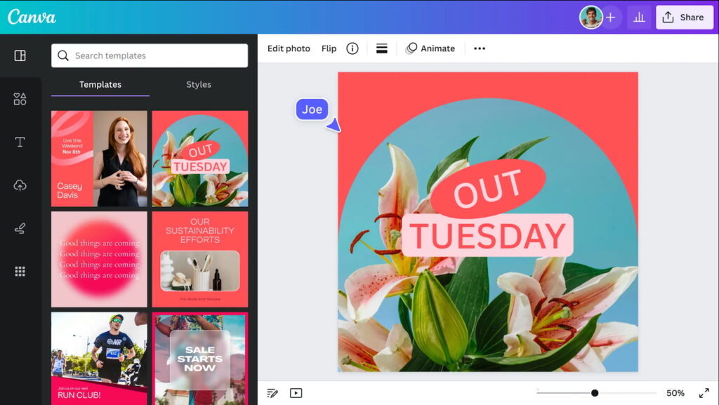 Canva’s social media graphic template editor.