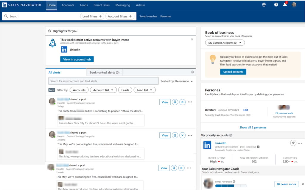 LinkedIn Sales Navigator home page with actionable sales prospecting insights.