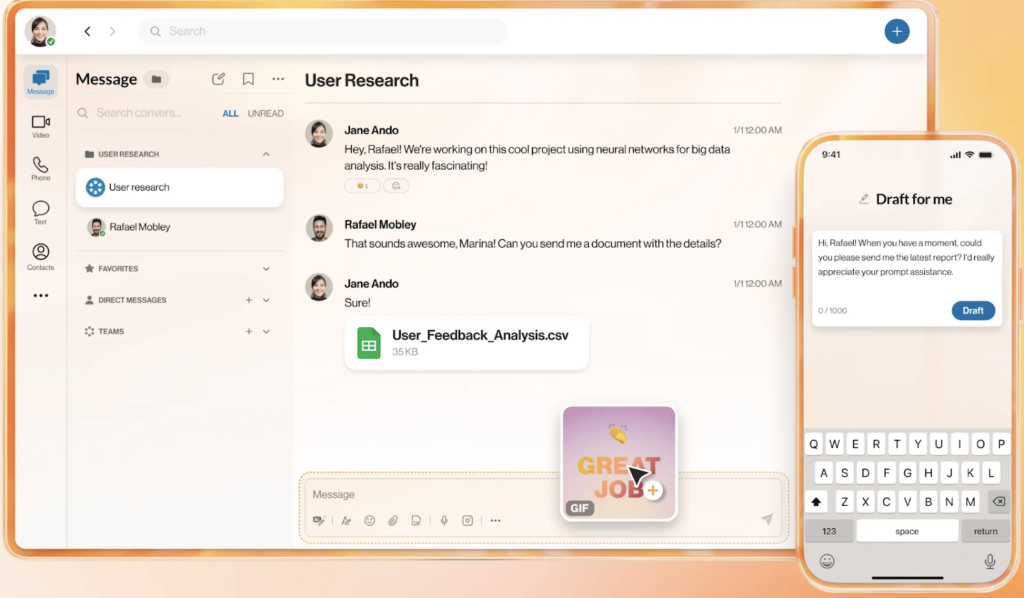 RingCentral business messaging interface on desktop and mobile showing real-time team chat.