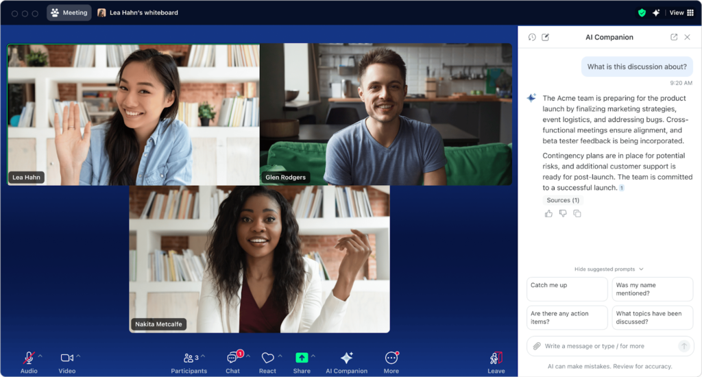 Zoom AI Companion interface displaying a meeting summary alongside a live video call with three participants.