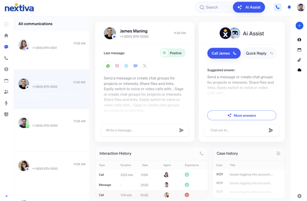 Nextiva interface showing omnichannel communication tools with AI Assist, chat options, and interaction history.