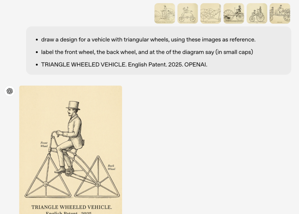 ChatGPT interface showing a set of image prompts and an AI-generated image of an antique-style illustration of a man in a triangle-wheeled vehicle.