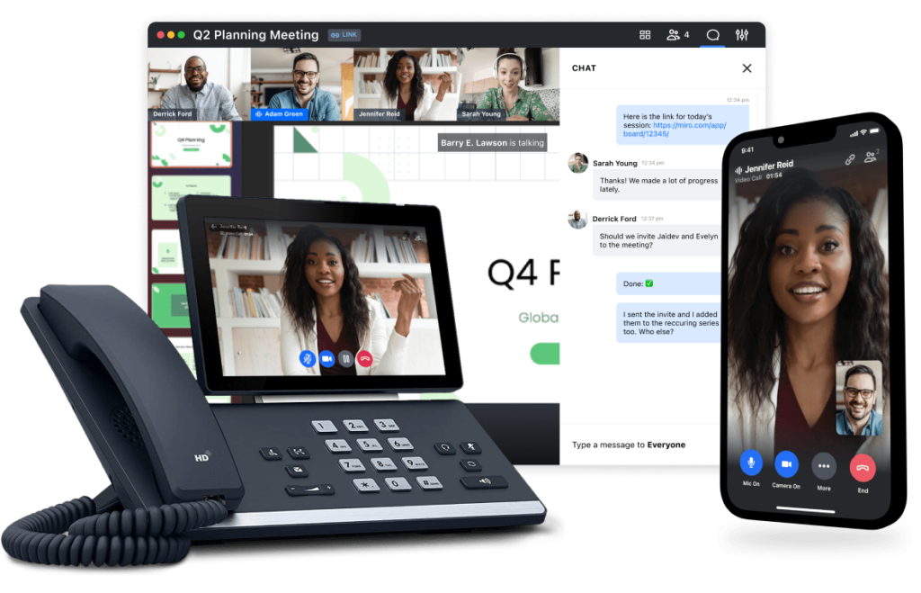 The GoTo Connect video conferencing interface on desktop, mobile, and desk phone.