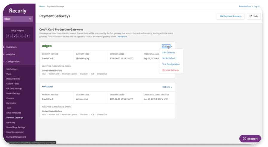 Recurly dashboard showing two configured credit card gateways with options to edit or remove them
