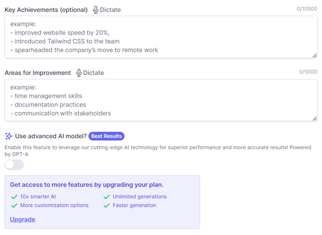 Easy-Peasy.AI only allows up to 10,000 characters for the key achievements and up to 5,000 characters for the areas for improvement section