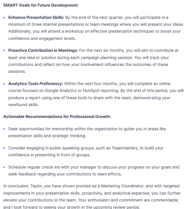 Easy-Peasy.AI automatically provides development goals and recommendations that are specific and actionable.