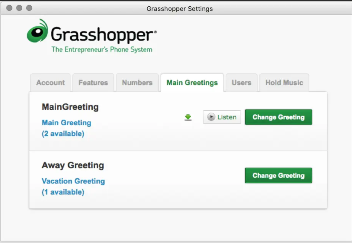 Options to create customizable auto attendant greetings in the Grasshopper app.