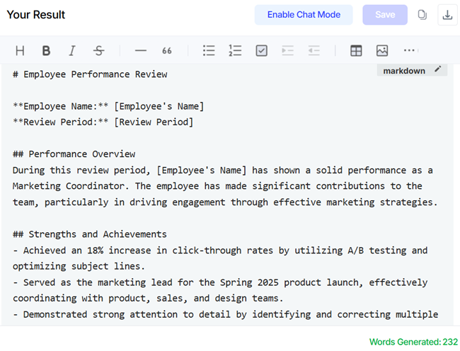A GravityWrite performance review report report in Markdown format.