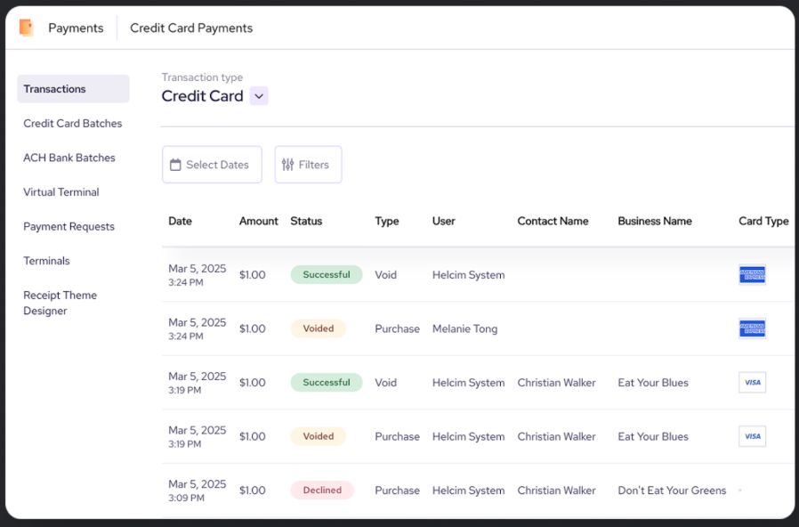 Helcim credit card payments screen showing transaction history with statuses like successful, voided, and declined