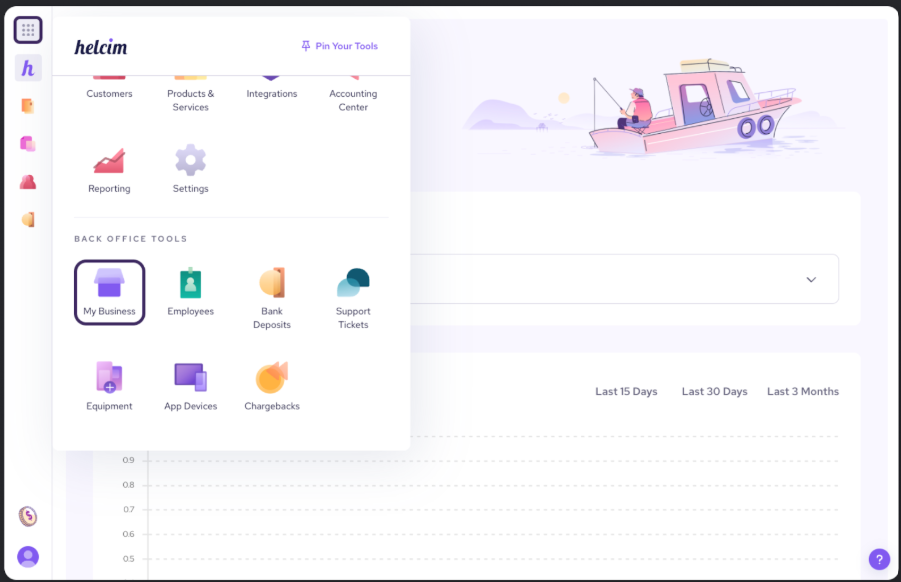Helcim dashboard showing business tools menu with options like employees, deposits, and chargebacks