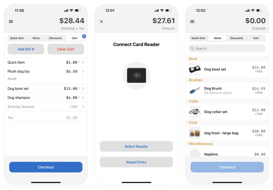 Mobile POS app showing a pet store checkout cart, card reader connection, and product selection screen