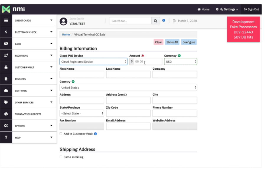 NMI virtual terminal interface for entering billing and payment details using a cloud registered device