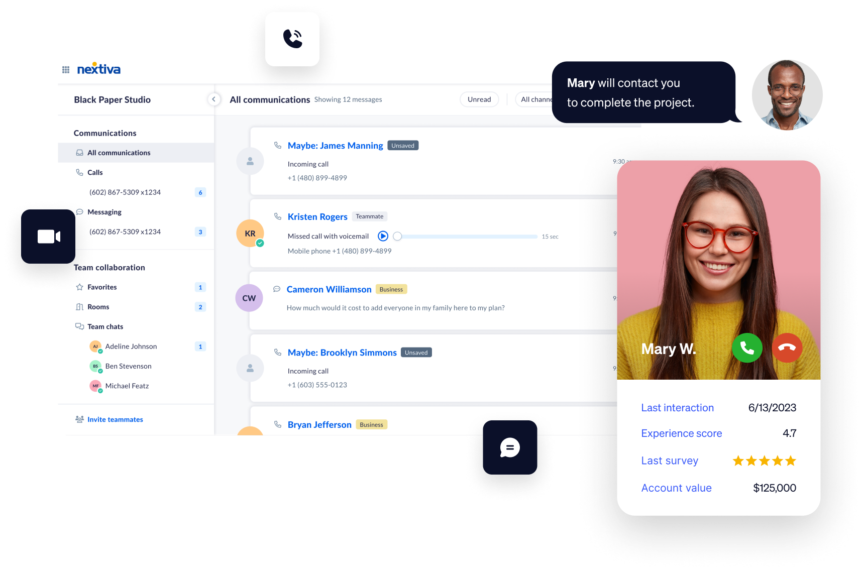 Yellow background overlaid with communication channels from Nextiva's group inbox and customer photos and data from a previous interaction.