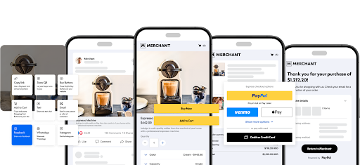 Mobile checkout flow showing PayPal payment options from product view to purchase confirmation