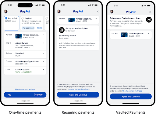 Three PayPal mobile screens showing one-time, recurring, and vaulted payment options with a Chase card