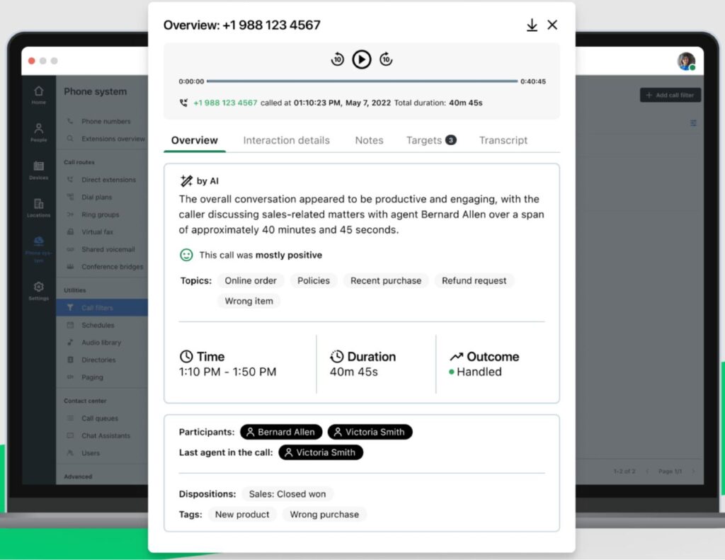 Call summary in GoTo Connect showing AI-generated conversation analysis, call duration, outcome, participant names, and tagged topics.