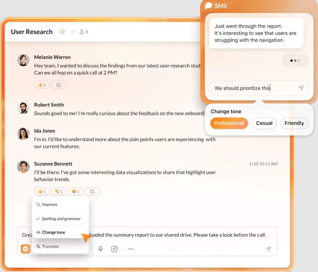 RingCentral messaging window with AI writing assistant offering tone adjustment options while composing a message.
