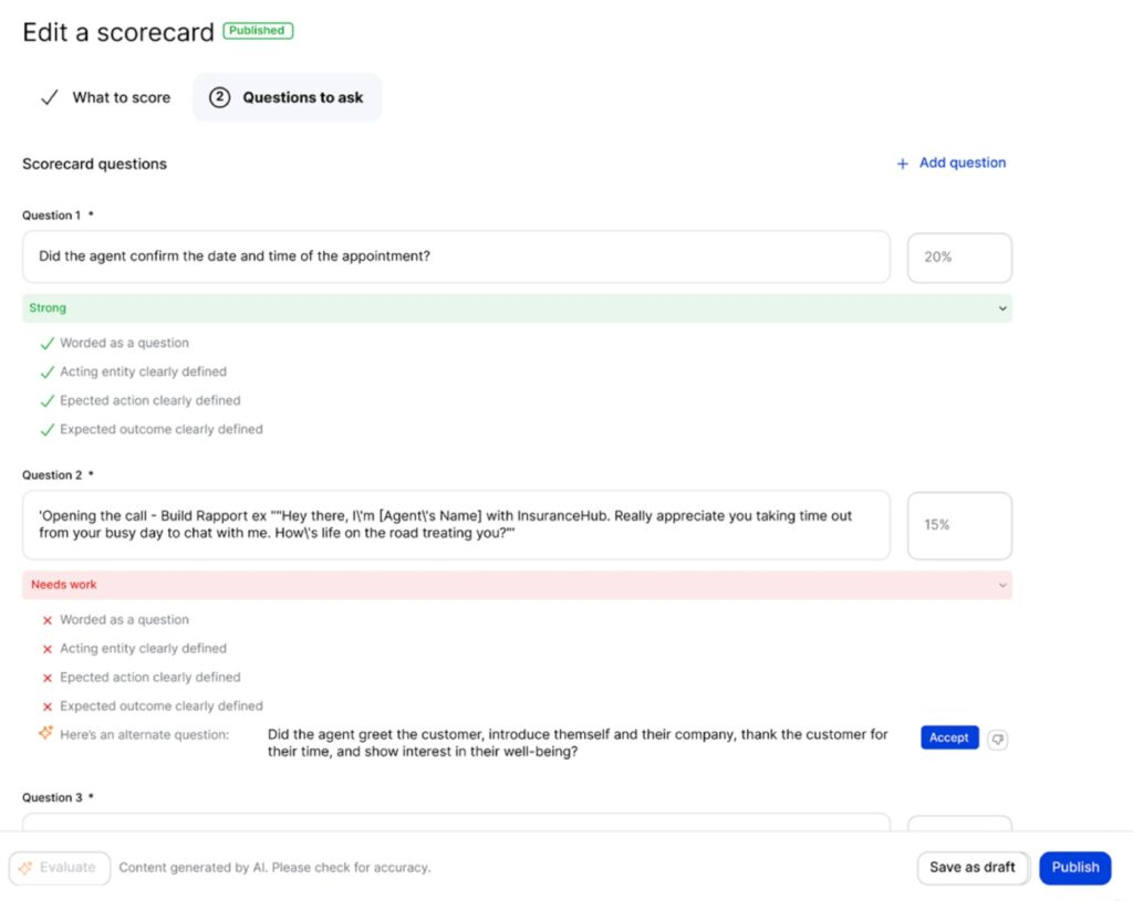 RingCentral scorecard builder interface with editable questions for evaluating agent performance, including feedback on clarity and suggested improvements.