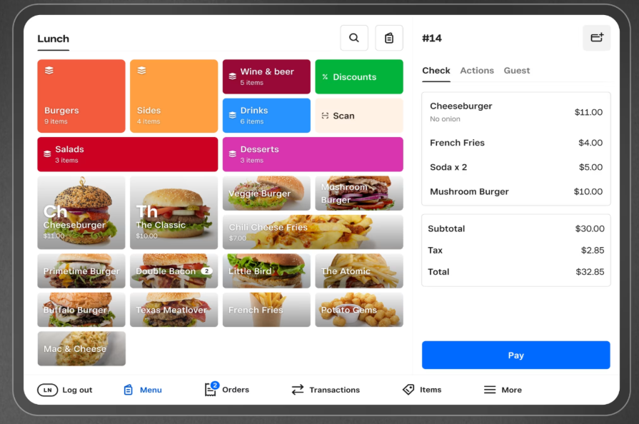 Tablet screen showing a restaurant POS menu with selected food items and a total bill of $32.85