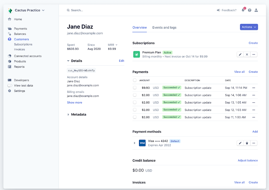Customer profile for Jane Diaz showing subscription status, payment history, and default Visa payment method