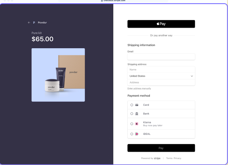 Stripe checkout page for a $65 Powdur Pure Kit with payment and shipping options shown