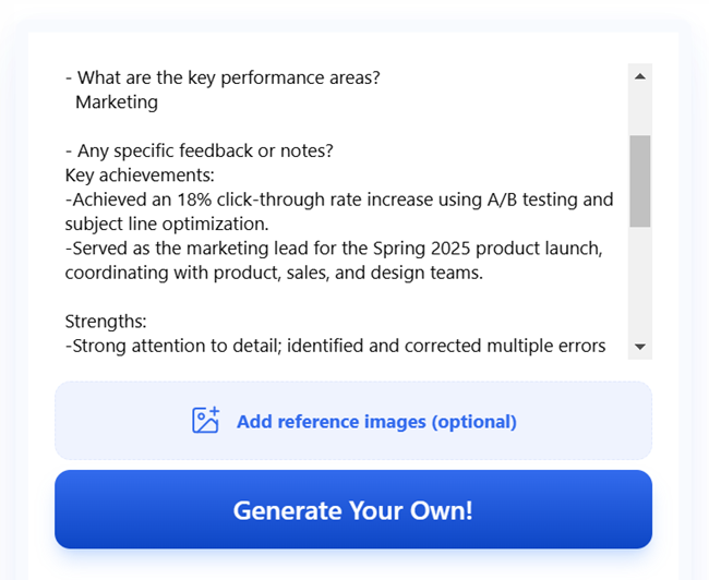Vondy’s data field for the feedback notes doesn’t have character limits, so you can add as much information as you want in that area.