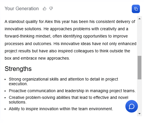 Vondy’s reports contain specific sections for employee strengths, development areas, and more.