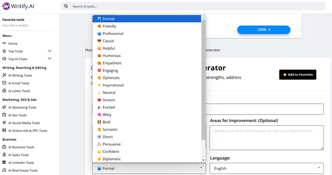 Writify.AI makes choosing writing tones fun with the emojis and special characters attached to each tone.