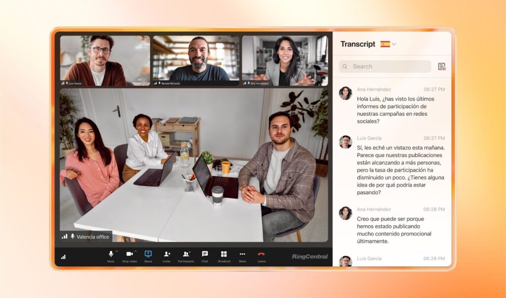 RingCentral video meeting with Spanish language meeting transcription.