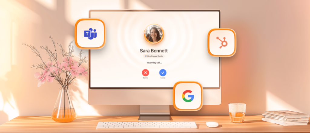 Desktop monitor with RingCentral audio call and logos of popular integrations like MS Teams, Google Workspace, and Hubspot.