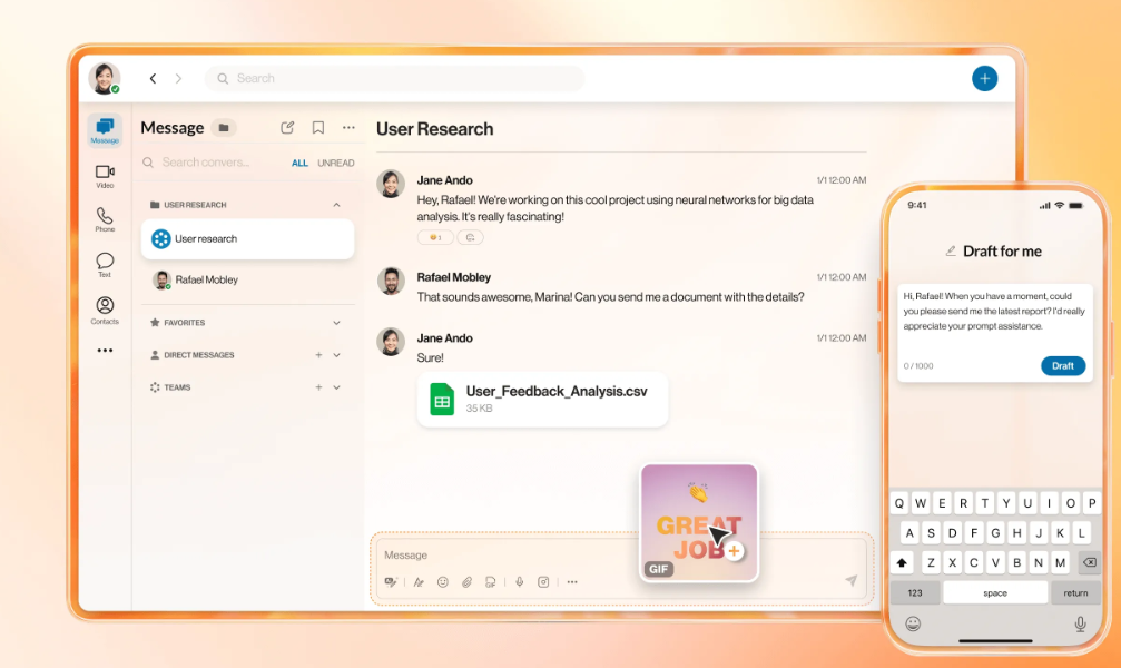RingCentral desktop with team chat conversation next to mobile app screen with AI message generation.