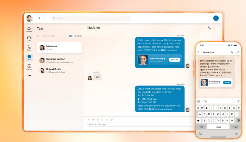RingCentral desktop and mobile app featuring an SMS marketing campaign message.