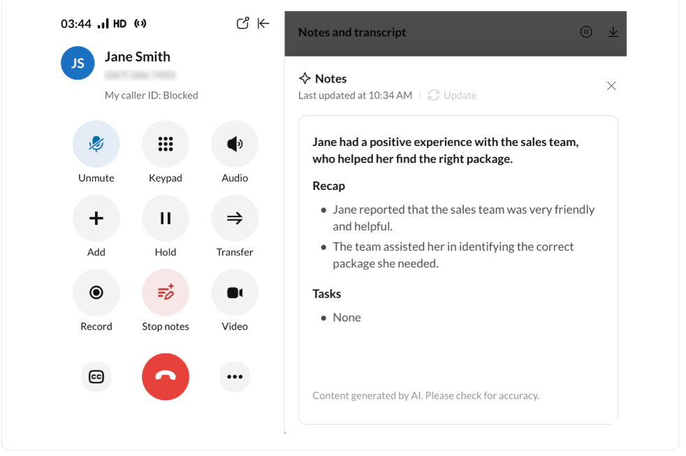 RingCentral phone screen with keypad and AI assistant-generated notes.