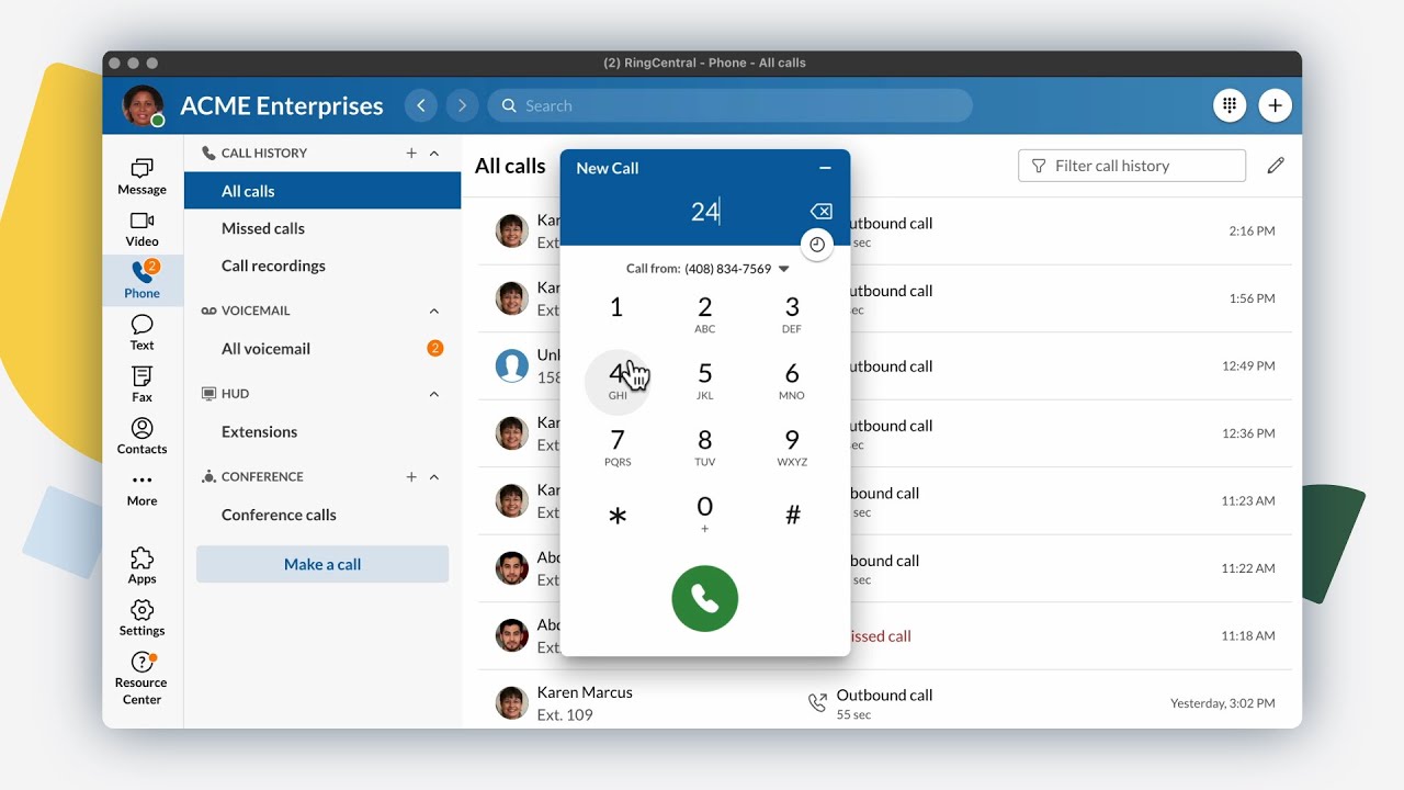 RingCentral app with phone dial pad and call log.