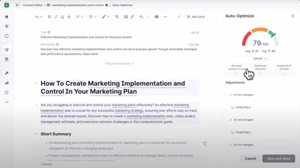 SurferSEO suggesting content improvements for a sample blog post.