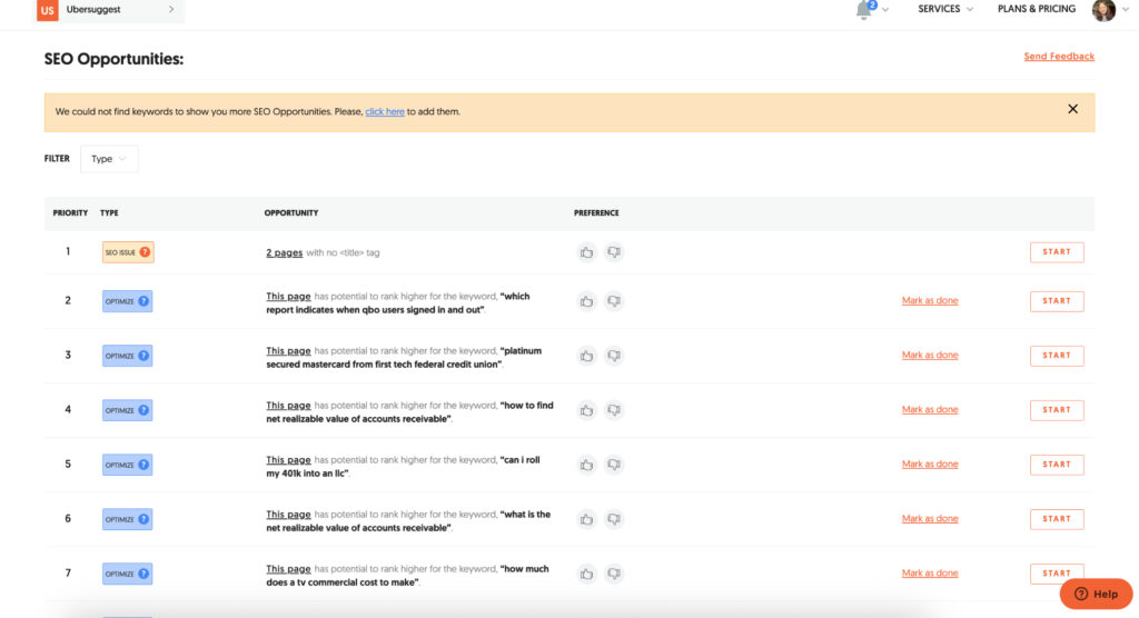 A list of suggested SEO improvements for a site generated by UberSuggest.