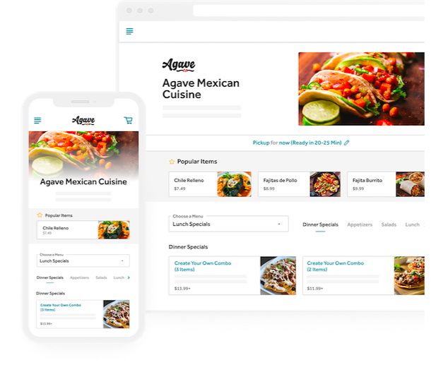 Restaurant online ordering system Mexican food menu on mobile and desktop.