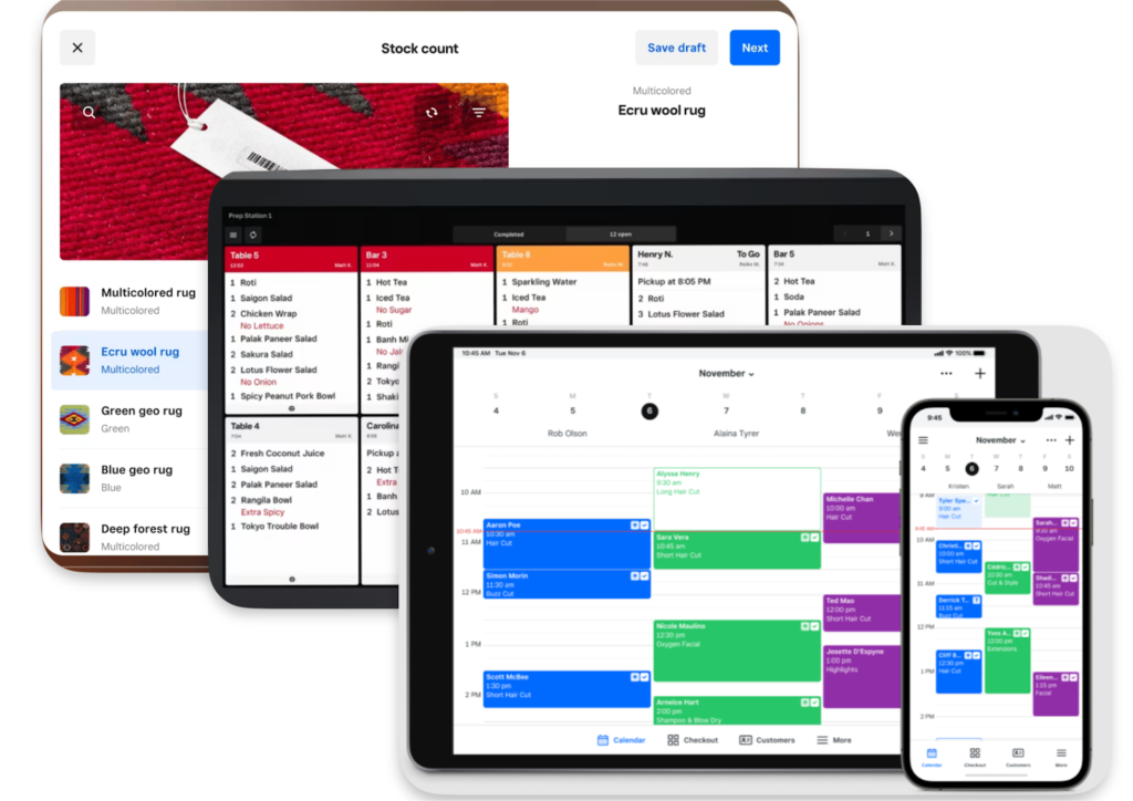 Multiple POS system screens on phone and tablets showing retail, restaurant, and appointment tools.